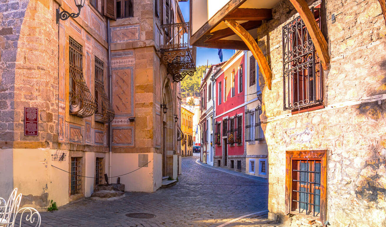 Road of the town with traditional houses made of stone