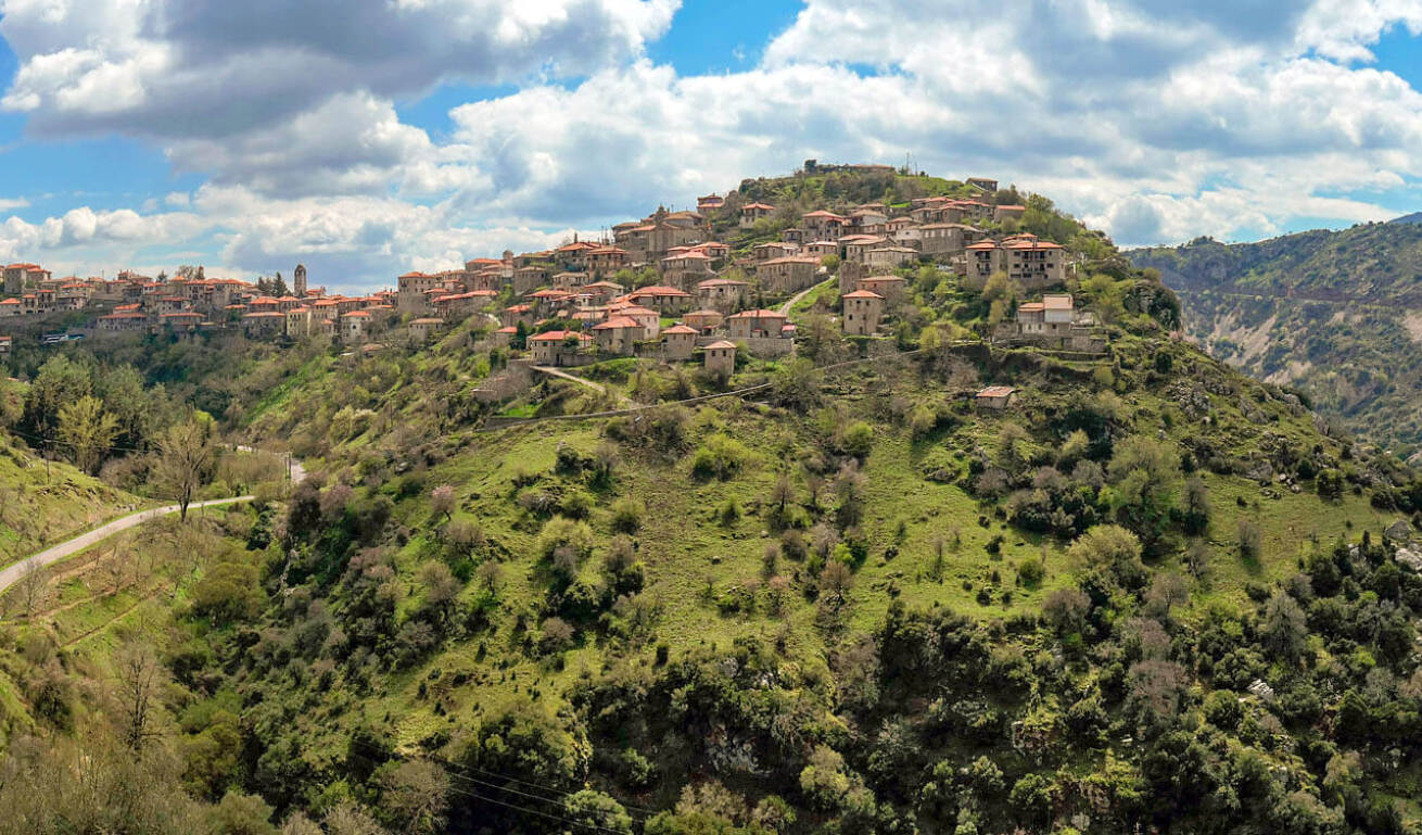 Panoramic view of the village with the traditional houses and the pine trees surrounding it