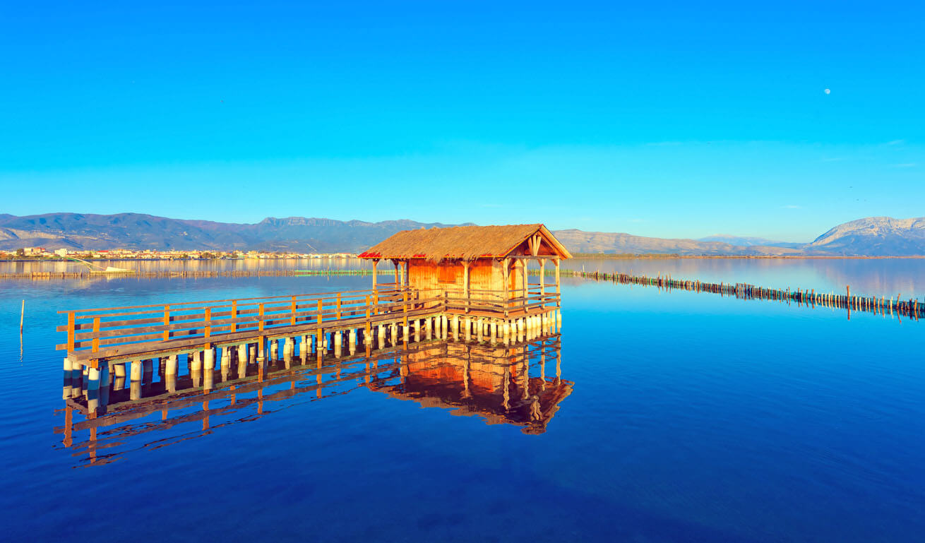 The sea-lake of Mesolonghi with ahut in the middle