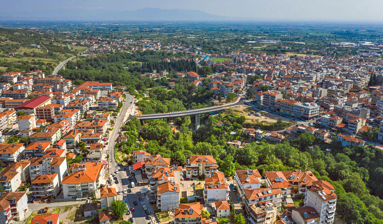 Aerial view of the city, with many houses and green trees