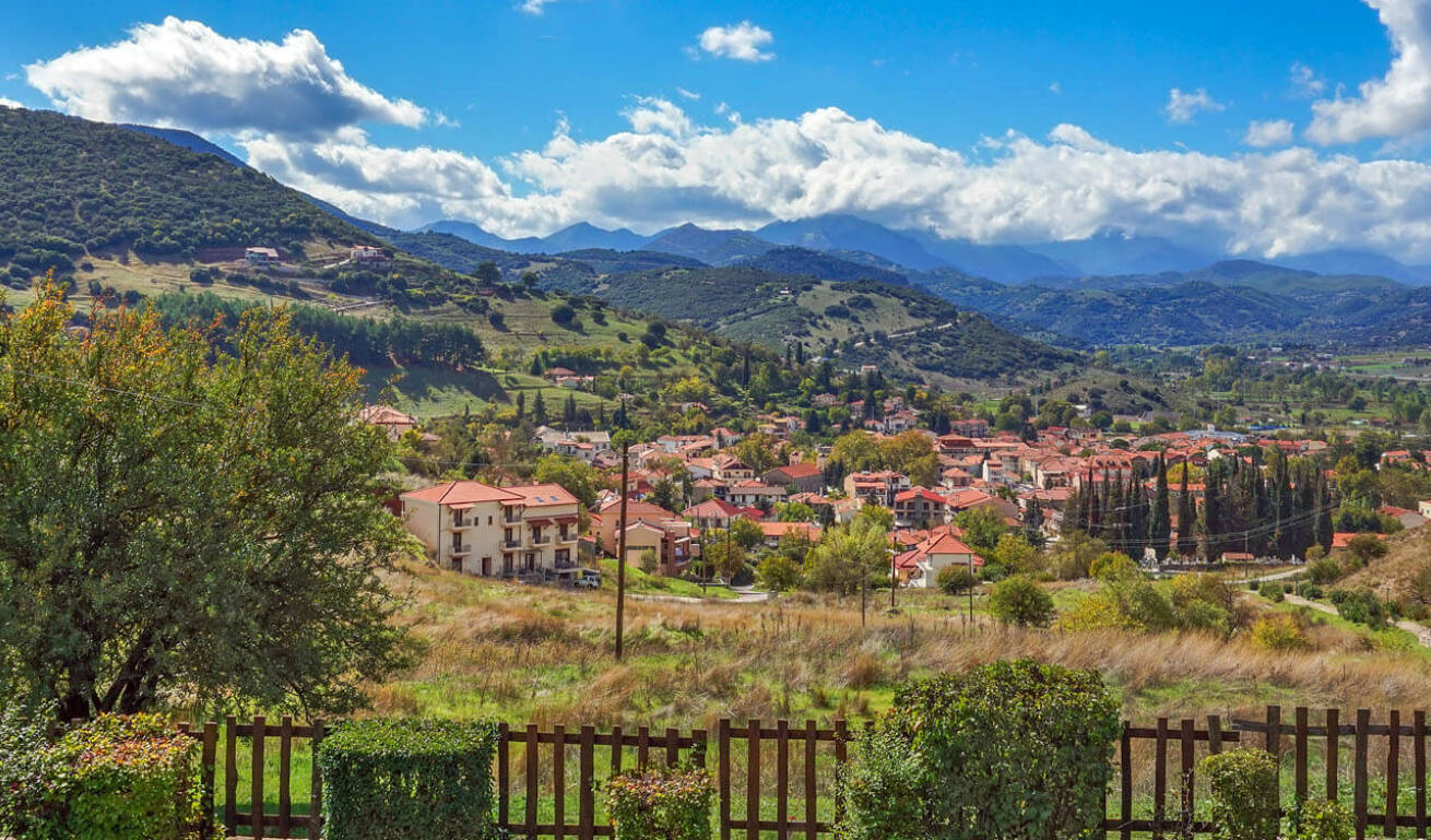 Kalavryta village from above, with the picturesque houses and the trees all around
