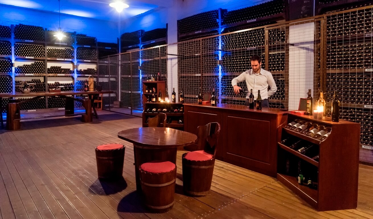 inside of a winery, with many bottles of wine sourrinding a sitting area, and a man serving wine behind a bar