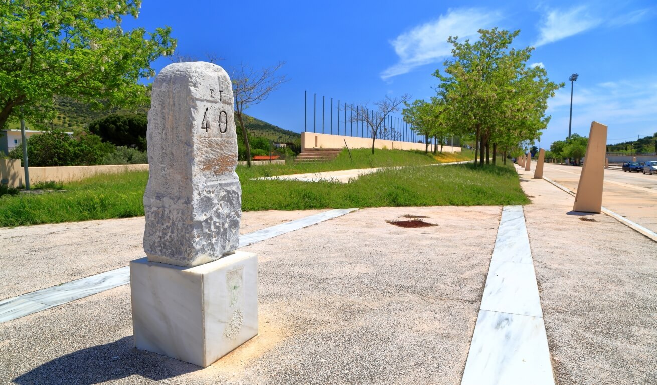 a rock/monument Marking the 40th KM of Marathon in Athens