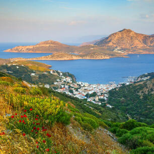 View of Thymaina island from above with traditional houses