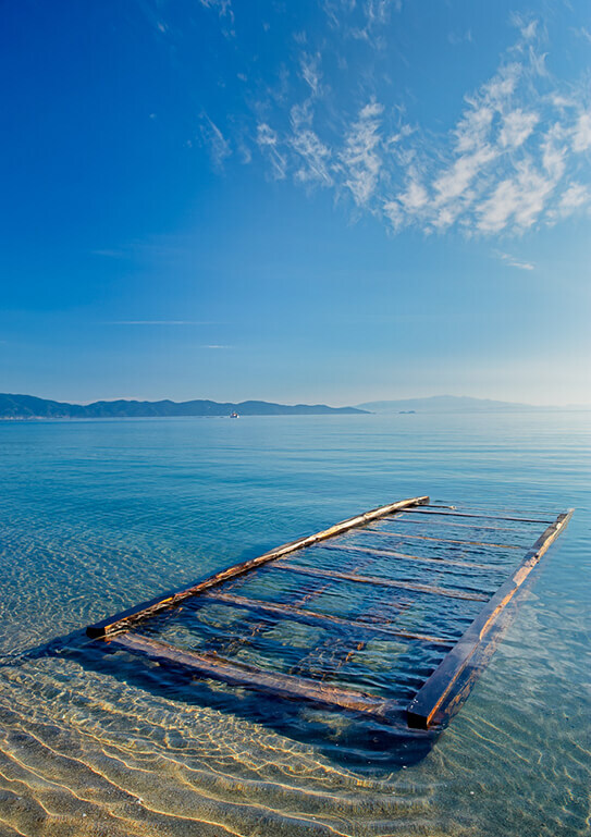 A serene view of a submerged wooden pier in clear blue water, leading towards distant mountains under a bright sky.
