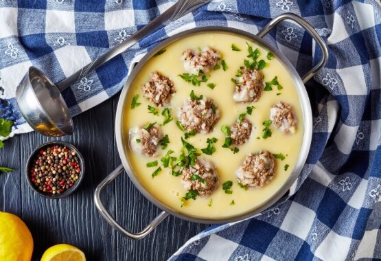 A dish with greek meatball soup called giouvarlakia
