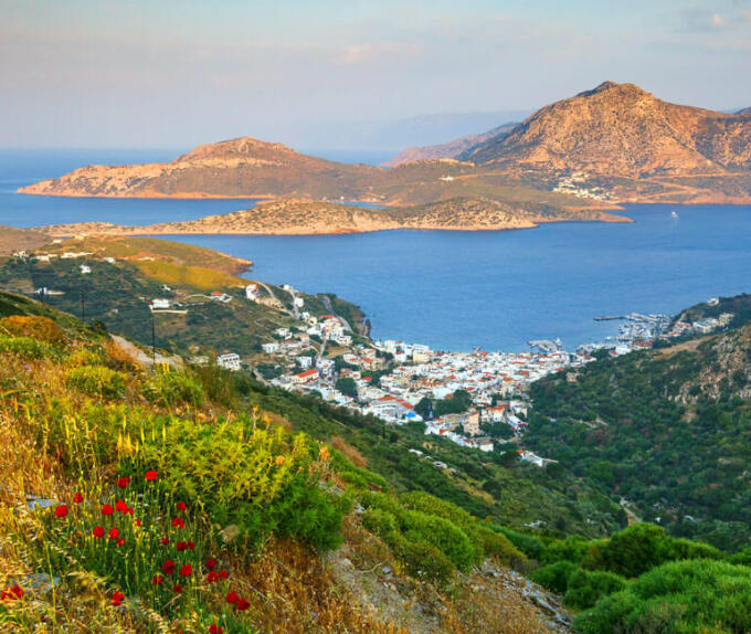 View of Thymaina island from above with traditional houses