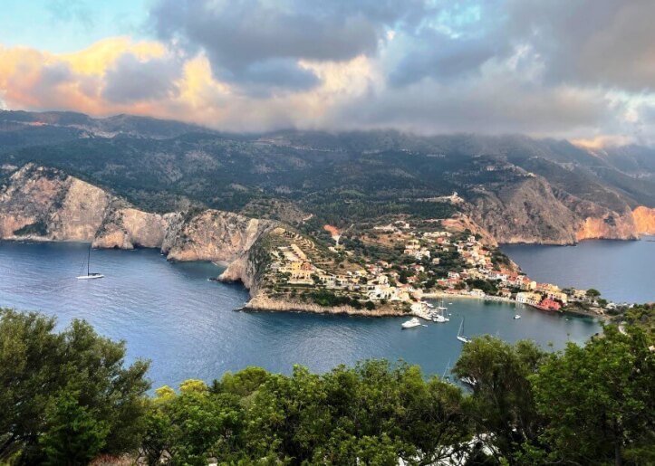 view from high of an island small port