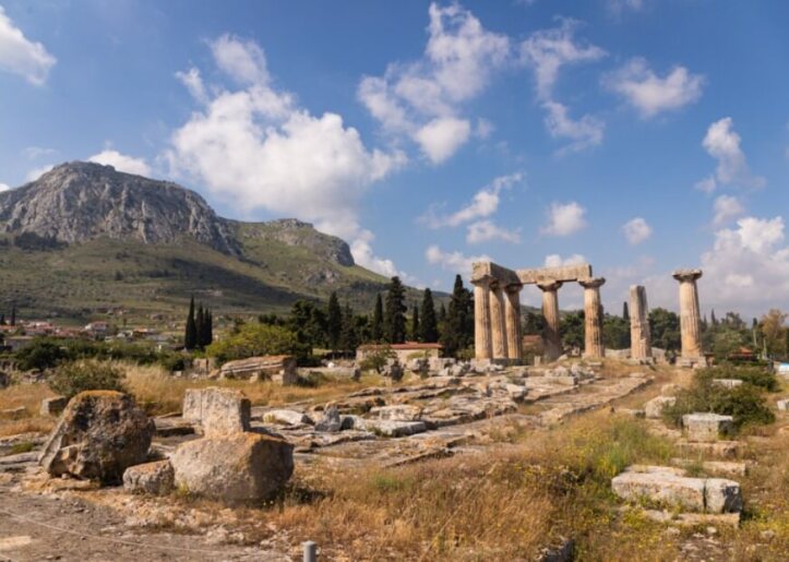 ruins of temple of apollo with acrocorinth rock in the background