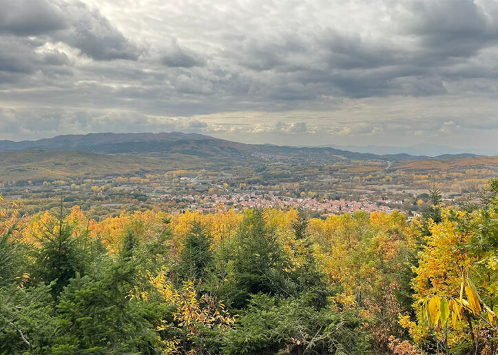 Autumn landscape view from a high vantage point, overlooking a town with vibrant fall foliage and distant mountains under a cloudy sky.