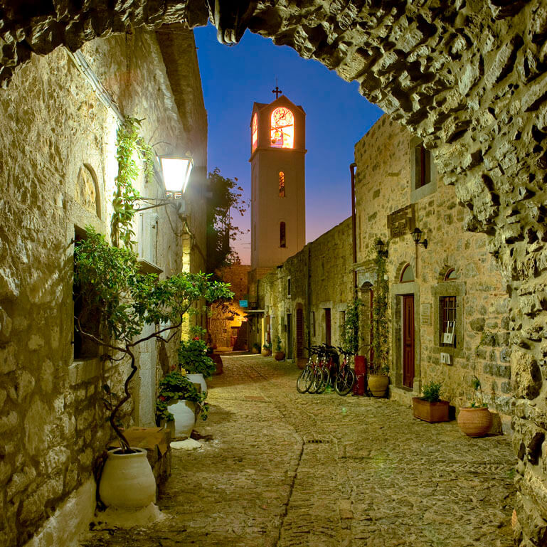 Traditional village Mesta and the church is seen in the background