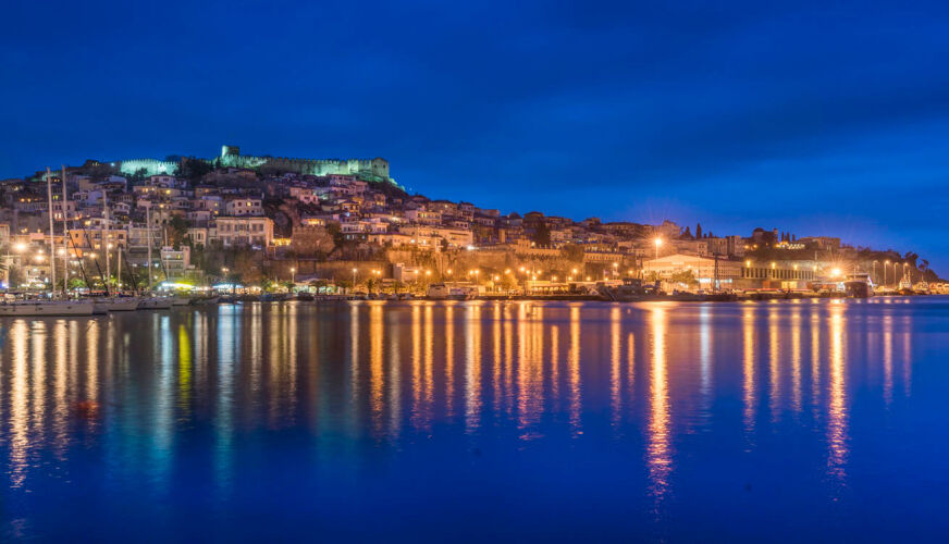 The illuminated port of Kavala at night