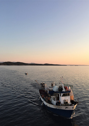 A fishing boat floating on calm waters during sunset with hills in the background.